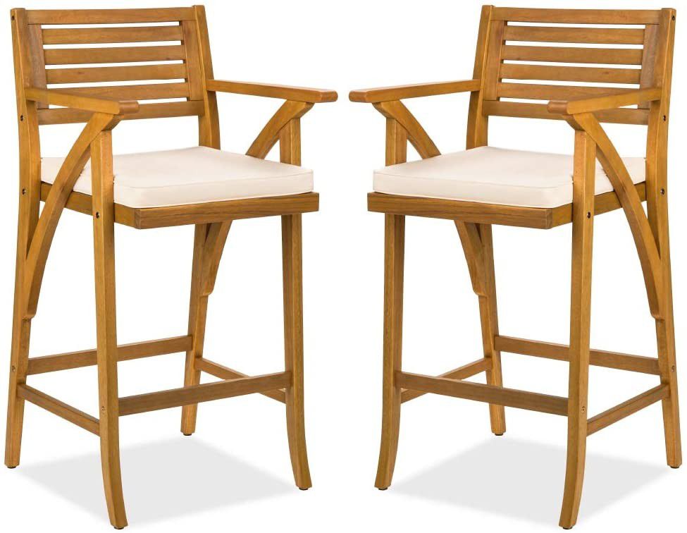 2pc Stool Chairs with Cushion, Teak Finish