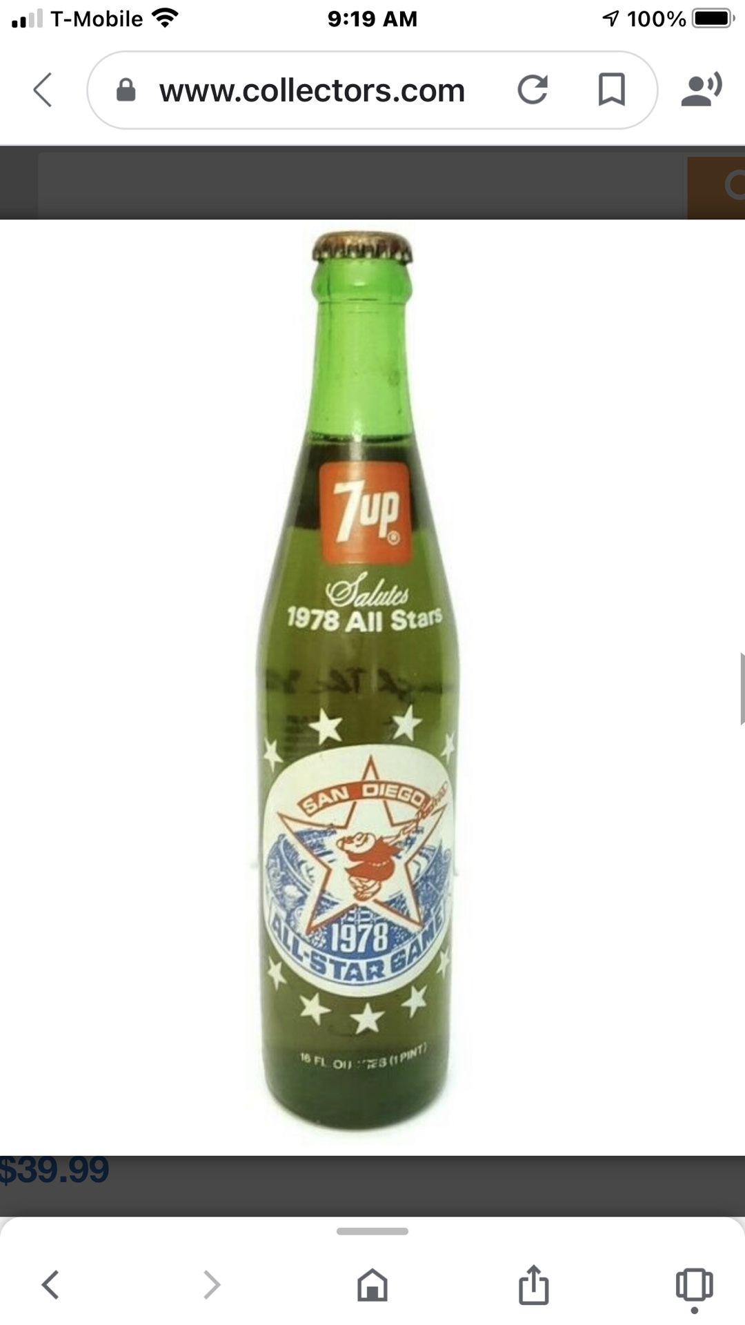 San Diego 1978 Padres All Star Game 7Up Bottle