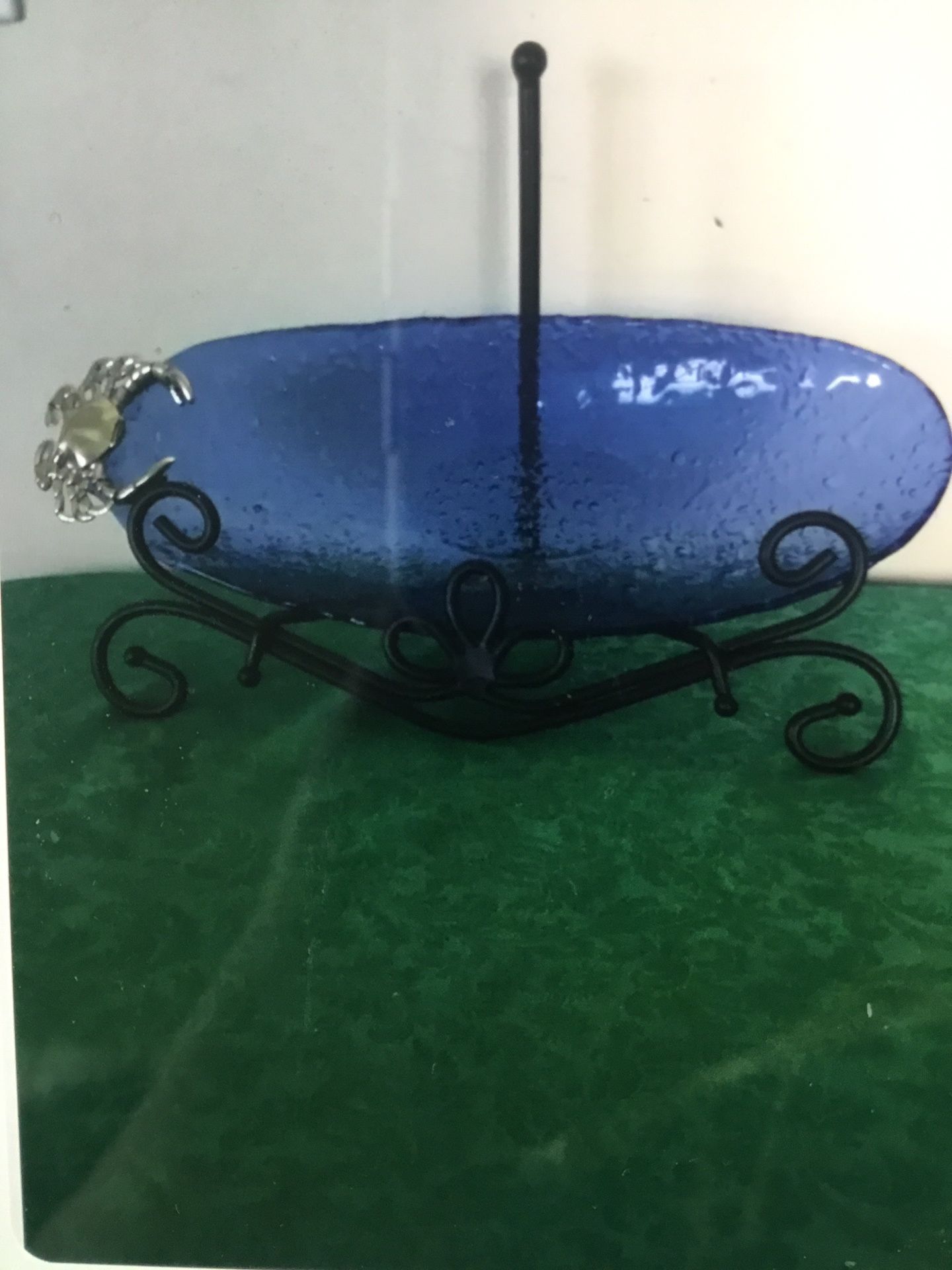 Mud pie large blue bubble glass oblong serving Dish /tray With Silver Tone Crab