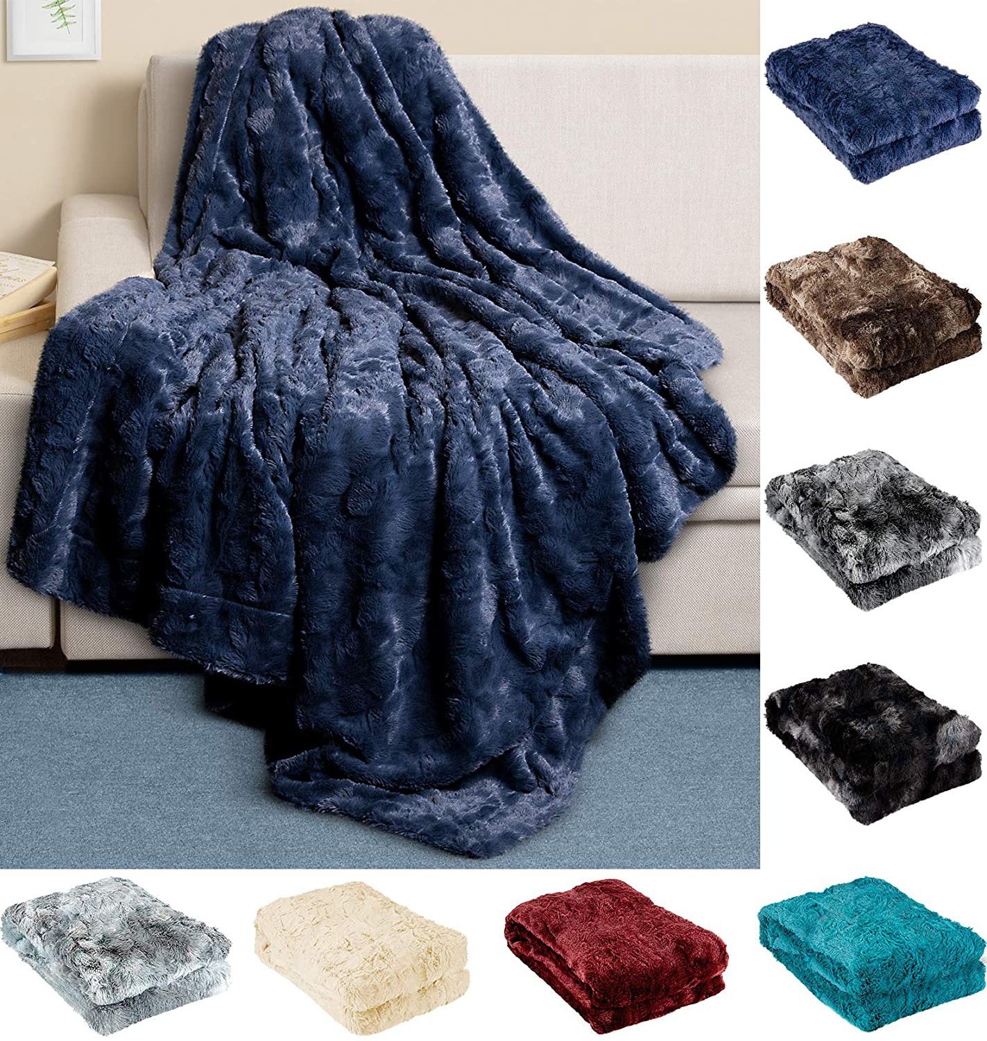 Luxury Faux Fur Throw Blanket - Ultra Soft and Fluffy - Plush Throw Blankets for Couch Bed and Living Room 50x65 (Full Size) Navy Blue