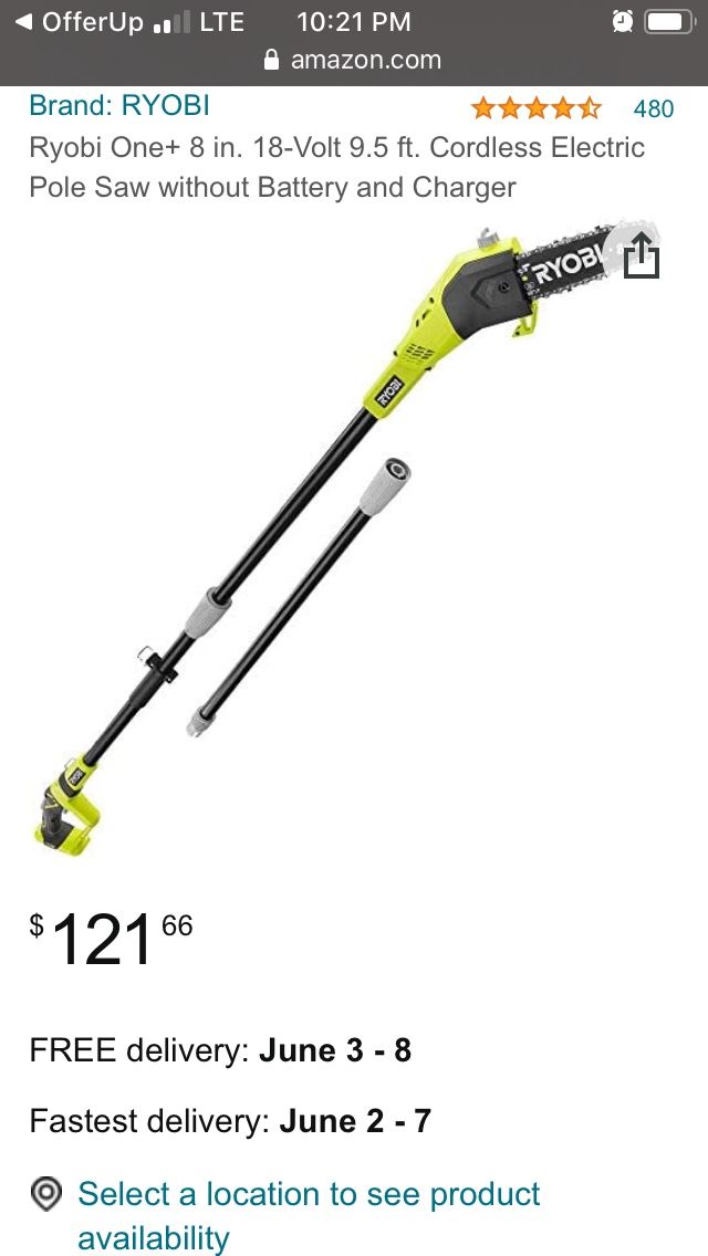 Ryobi pole Saw 18v No Battery No Charger Tool Only