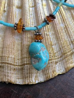 Turquoise Heishi, Nugget and Amber Sterling Silver Vintage 16” Necklace Thumbnail