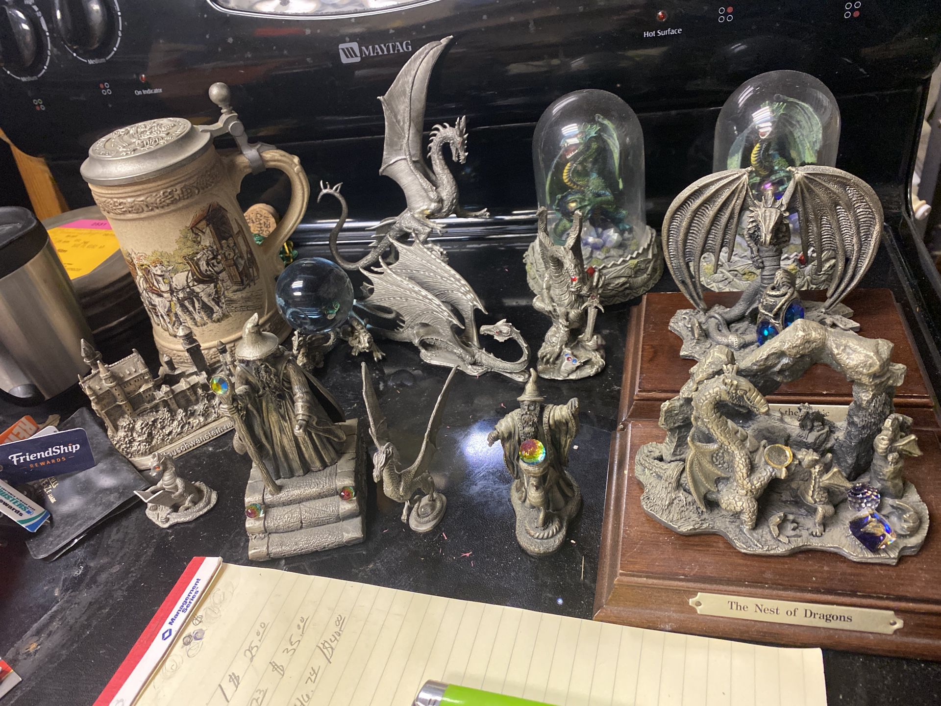 Pewter collectible dragons and wizard with rare vintage German castle