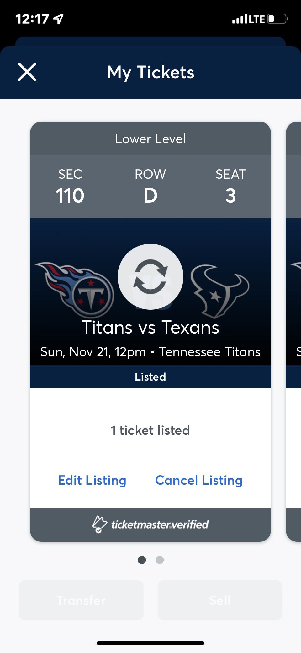 Lower Level 4th Row Titans v Texans Tickets