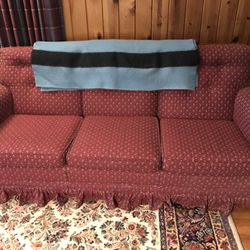 Three Cushion Sofa, Burgundy With Slate Blue & Beige Mini-Flower Design  Thumbnail
