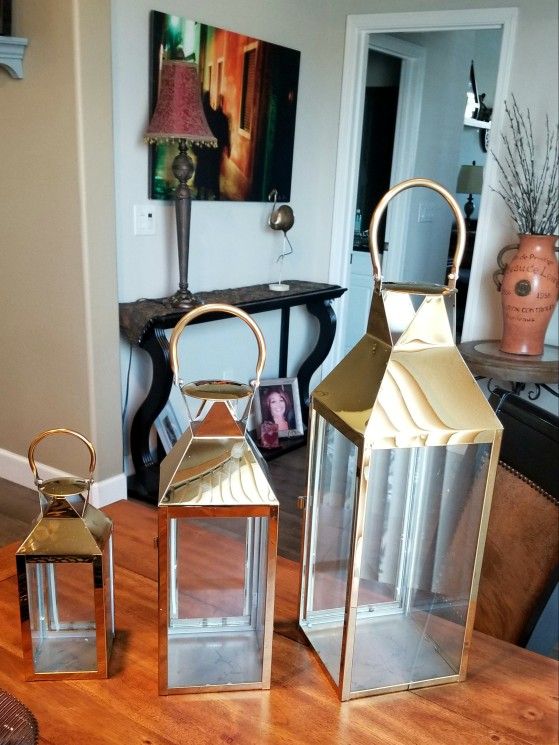 3-PC Set Jumbo Luxury Modern Indoor/Outdoor Hurricane Candle Lantern Set with Chrome Plated Structure and Tempered Glass-Pyramid Top