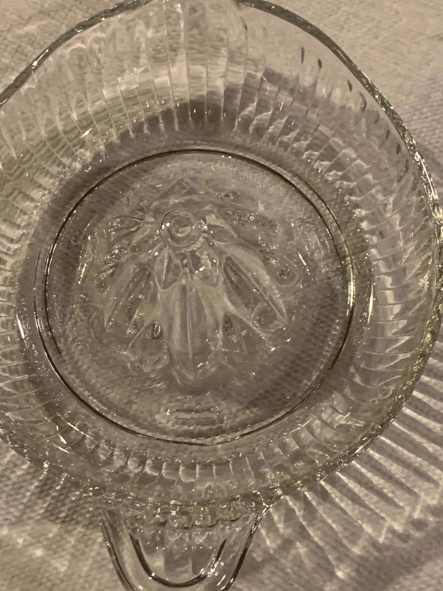 Beautiful etched glass juice strainers and dipping bowl