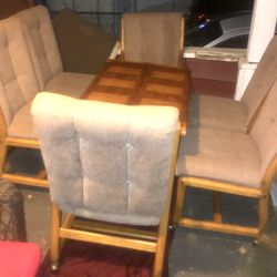 Vintage Solid Oak Dining Room Set Table With Two Leaf Extrntions 6 Chairs On Wheels And Glass An oak Hutch Thumbnail