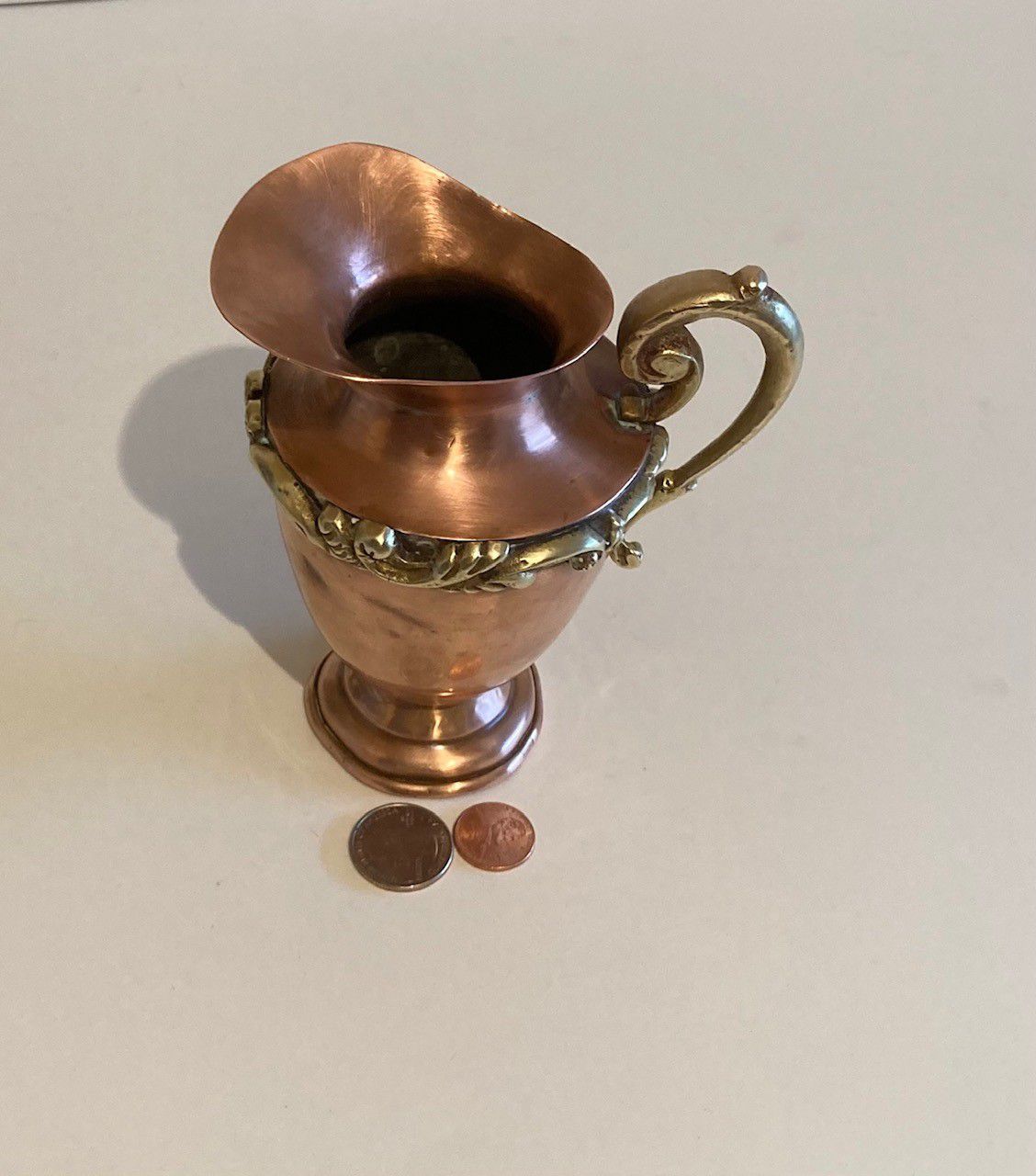 Vintage Copper and Brass Metal Serving Pitcher, 5 1/2" Miniature Picture, Heavy Duty Brass Handle and Trim, Kitchen Decor, Home Decor, Shelf Display