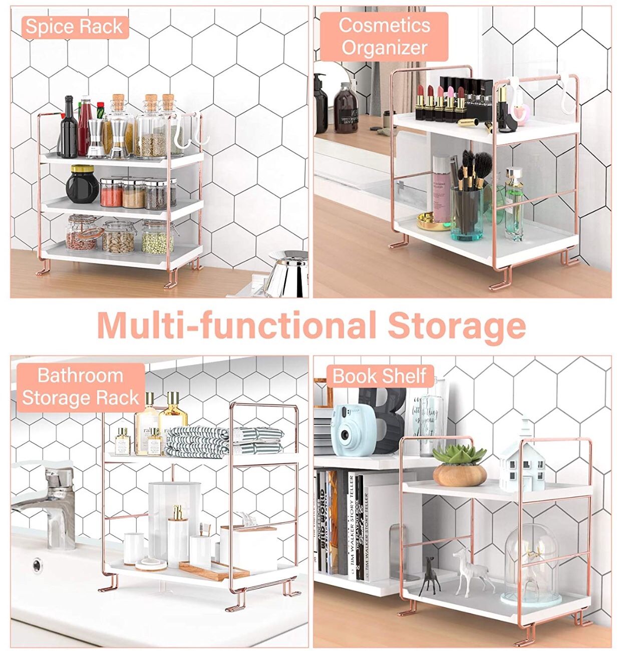 3-Tier Stackable Organizer Shelf, Bathroom Countertop Storage Shelf, Kitchen Spice Rack, Freestanding Cosmetic Holder for Bedroom Counter (Rose Gold)
