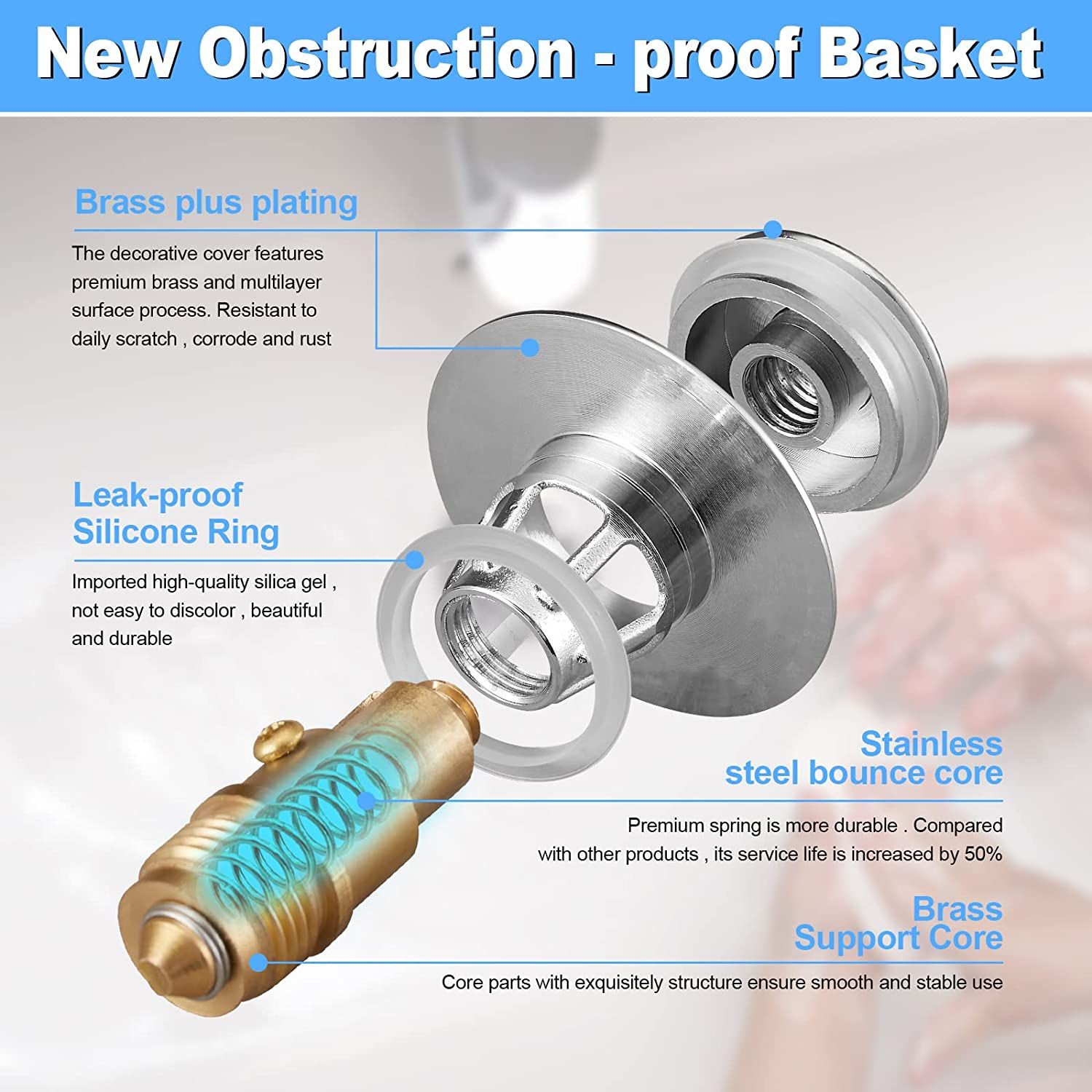Bathroom Sink Stopper, Pop-Up Drain Filter, for 1.08-1.34 in U.S. Standard Drain Holes, Anti Clogging Sink Strainer with Basket, Bounce Bullet Core Ty
