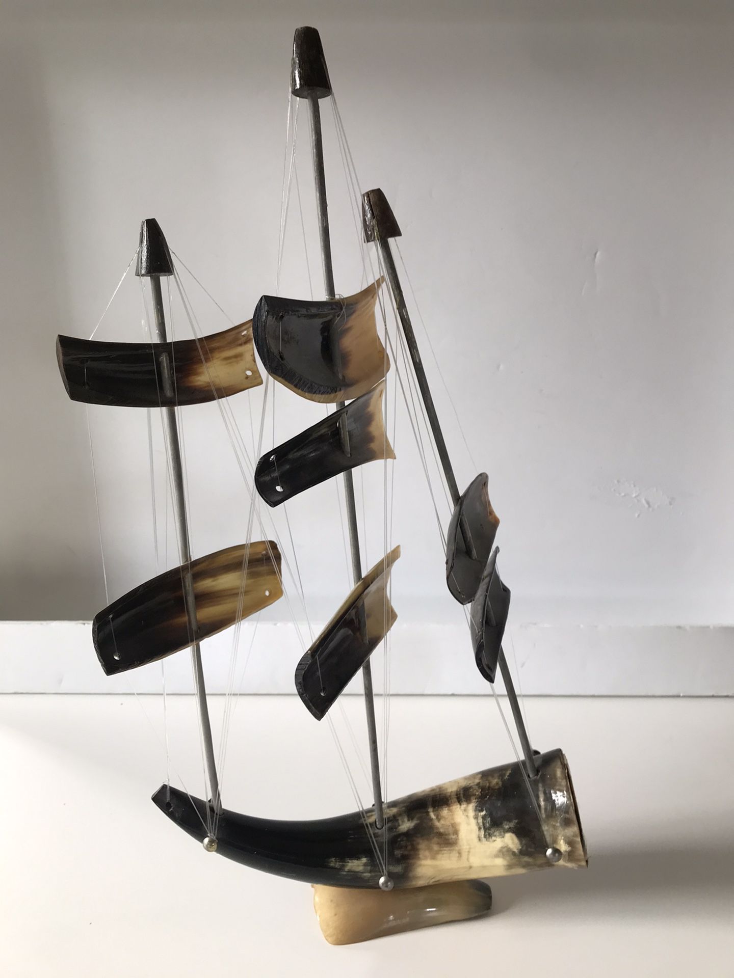 Handcrafted Sail Ship Cow Horn 3 Masts Nautical Decor Souvenir. Height 18in, length 10in.