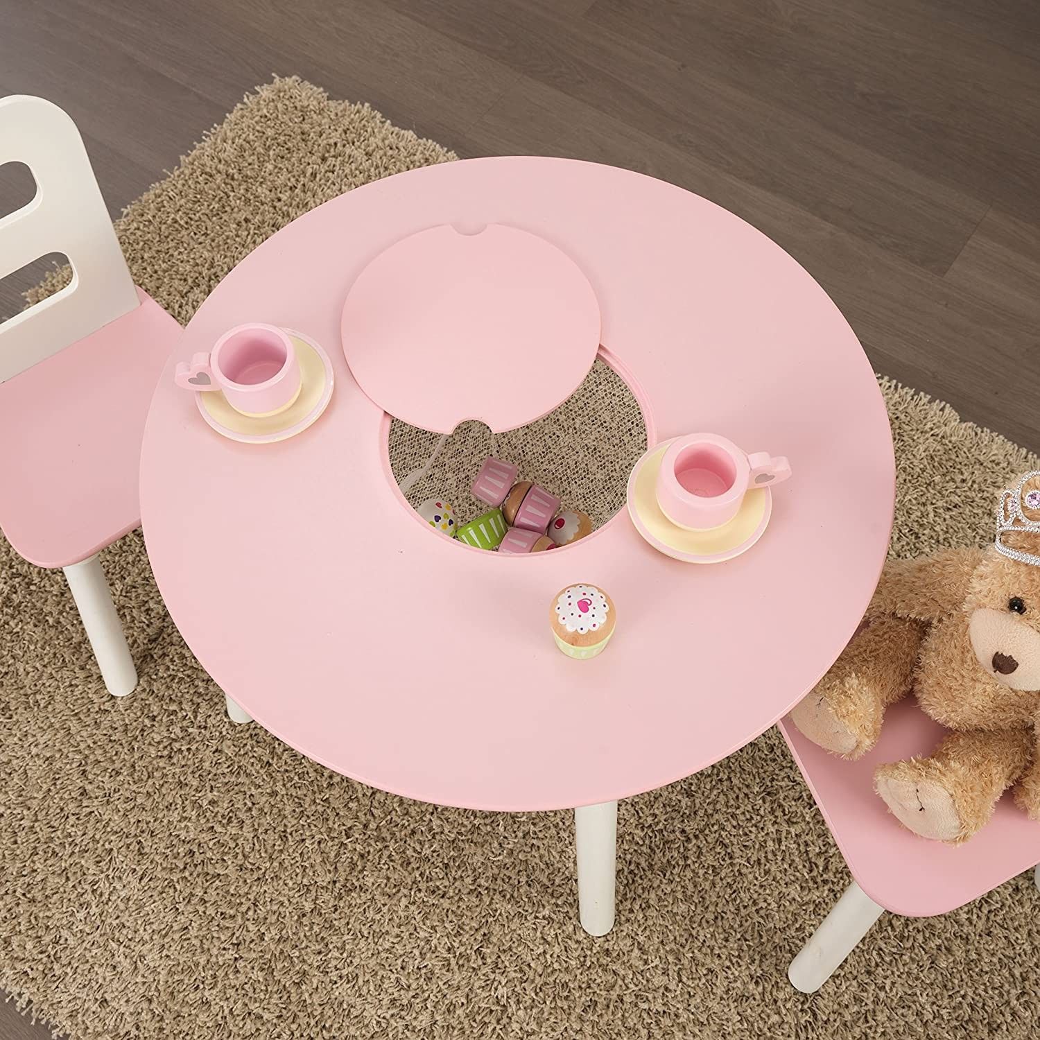 Wooden Round Table & 2 Chair Set with Center Mesh Storage - Pink & White