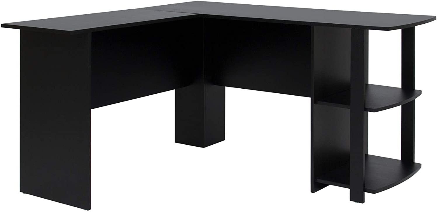 Functional L-Shaped Computer Desk with 2 Open Bookshelves, Black