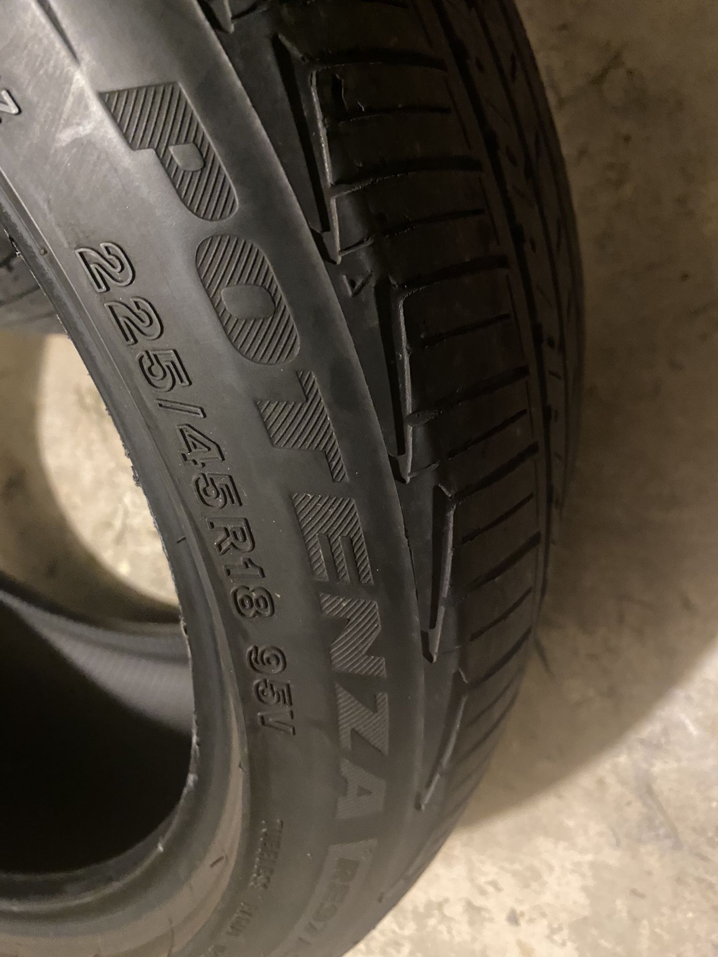 Two (2) Tires sizes: Ring size 18- 225/45/R18 Low Profile “Potenza”Asking $120. Both Obo today…