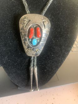 Vintage Sterling Navajo Turquoise and Coral Bolo ,  Thumbnail