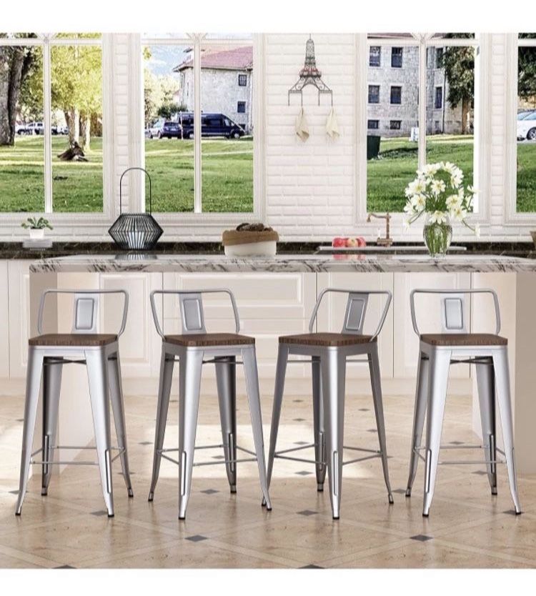 New Bar Stools（24inch Silver with Wooden Seats）