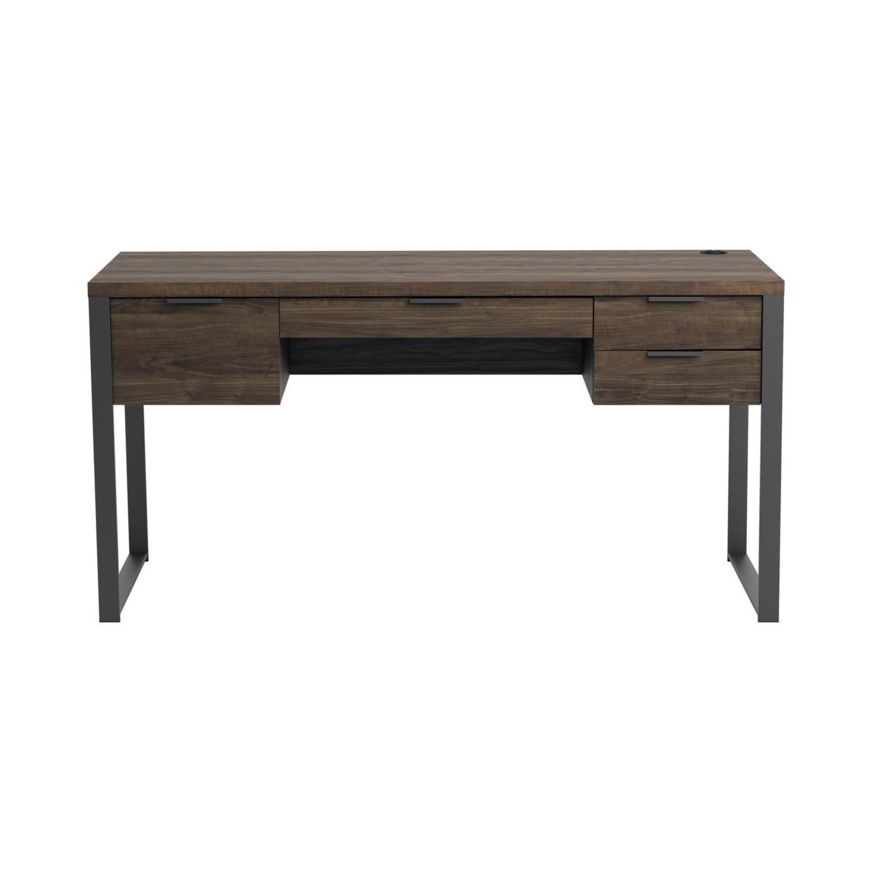 Wooden Writing Desk with 4 Drawers and Metal Base, Brown, Saltoro Sherpi