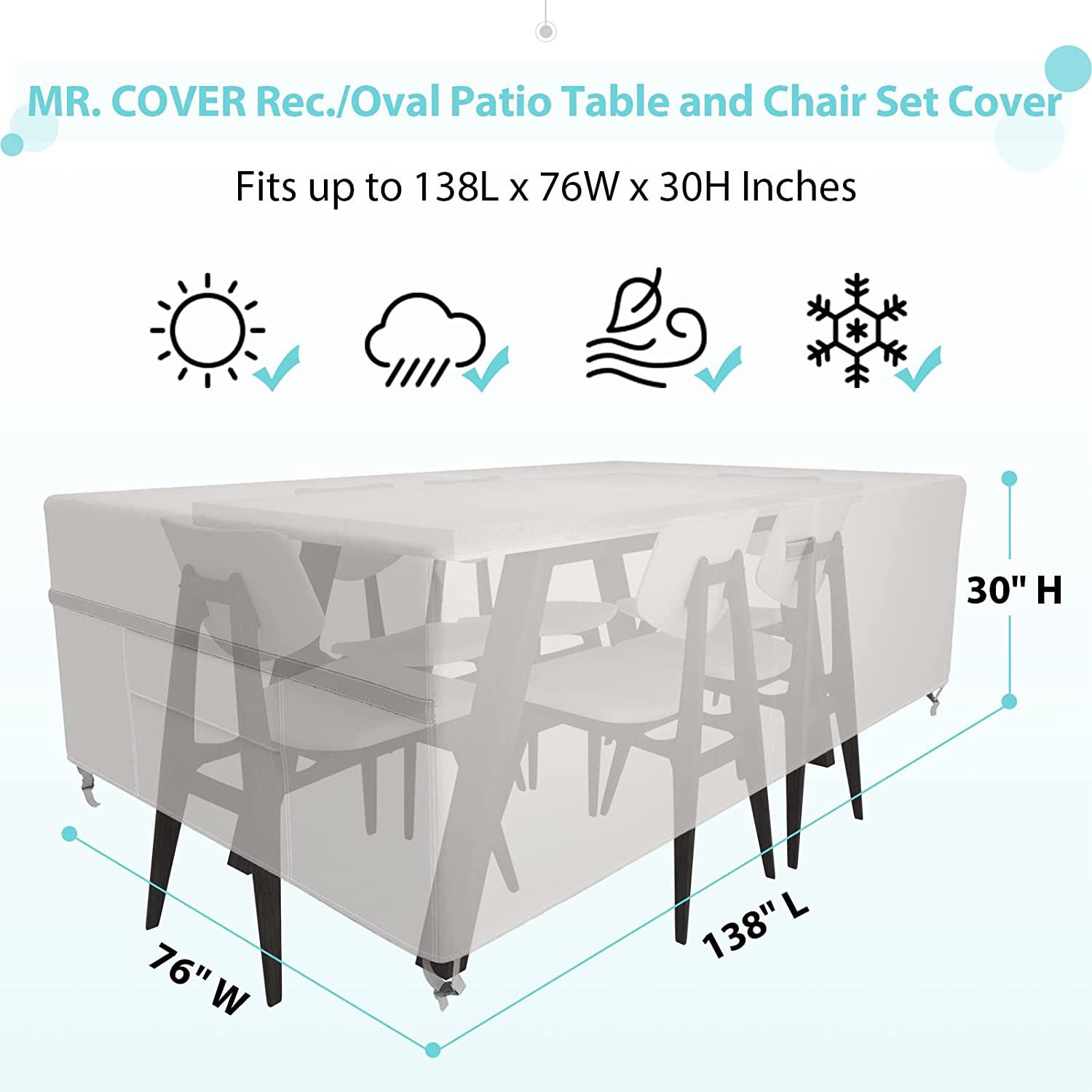 MR. COVER Patio Furniture Cover Waterproof, Rectangular Outdoor Table and Chair Cover, 138 L x 76 W x 30H Inches, Rip-Resistant and UV-Protection, Bei