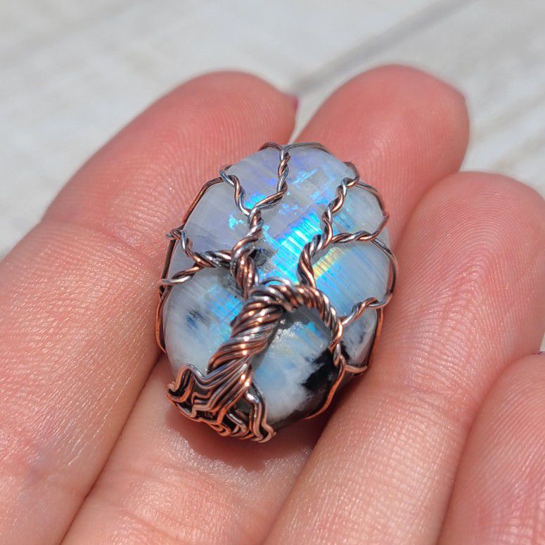 Wire Wrapped Rainbow Moonstone Tree of Life 925 Ring