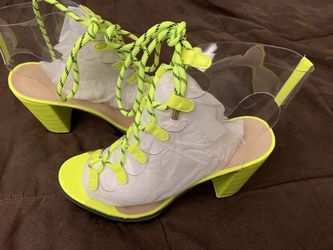 Neon yellow Transparent Chunky High Heels Clear Ankle Boots Lace Up Platform Shoes Size 10 Thumbnail
