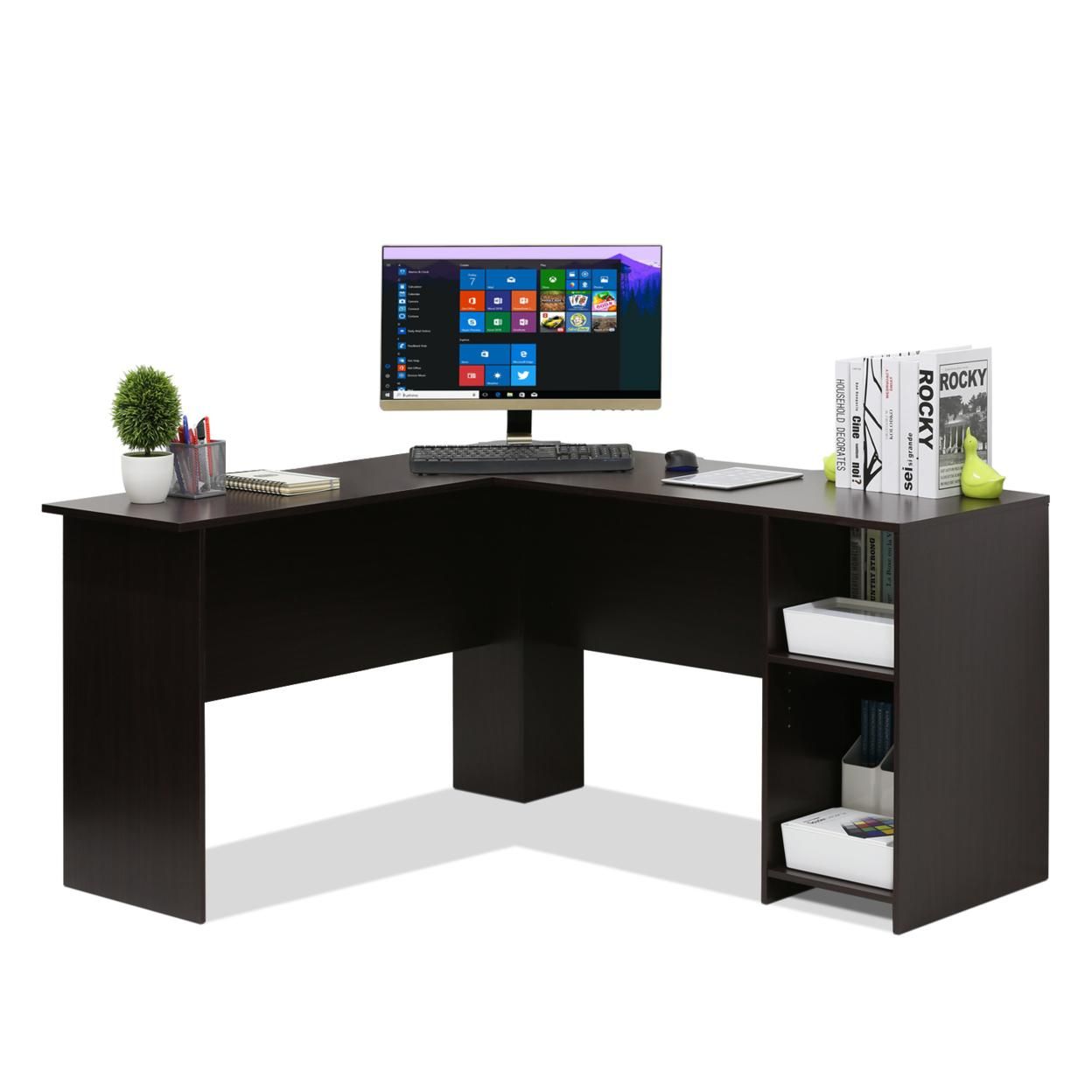 Furinno Indo L-Shaped Desk with Bookshelves, Espresso
