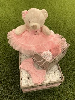 Pink Baby Girl Diaper Basket with Stuffed Teddy Bear, Two Tier Diaper Gift Basket with Decorations Thumbnail