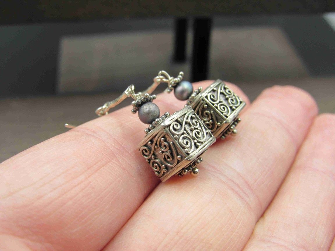 Sterling Silver Ornate Design Box & Pearl Accent Earrings Vintage Wedding Engagement Anniversary Beautiful Everyday Minimalist Cute