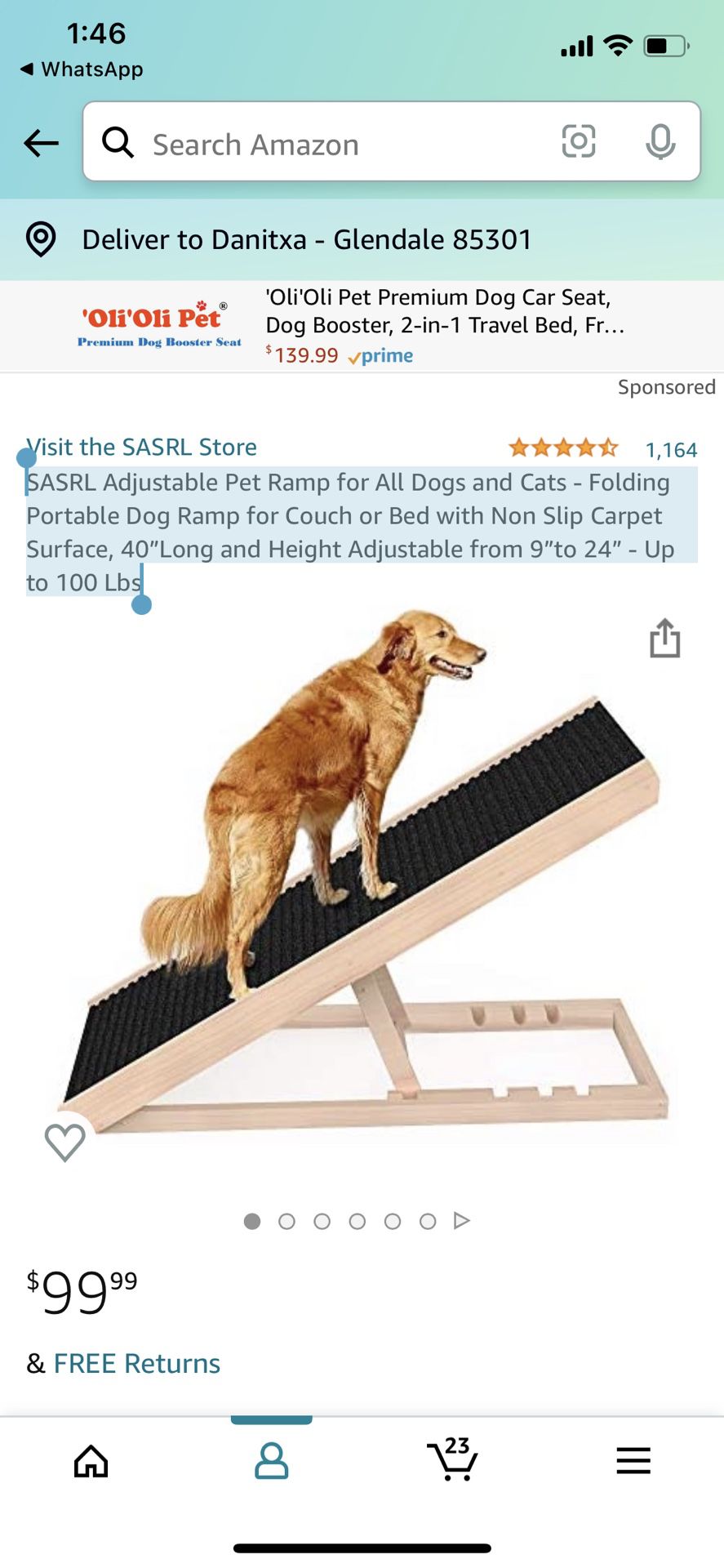 SASRL Adjustable Pet Ramp for All Dogs and Cats - Folding Portable Dog Ramp for Couch or Bed with Non Slip Carpet Surface, 40”Long and Height Adjustab