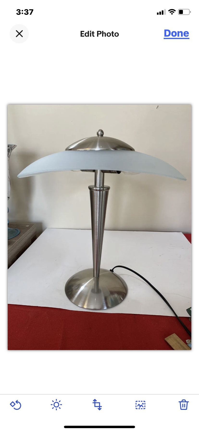Art Deco Desk Table Lamp w Satin Nickel Base & Glass Shade. Works Perfectly