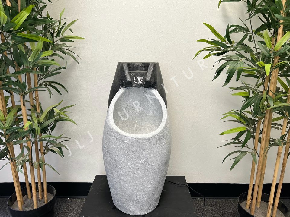 NEW Waterfall Fountain Modern Floor w/LED Light, Indoor Outdoor Décor, 25 Inch Tall, Grey and Black