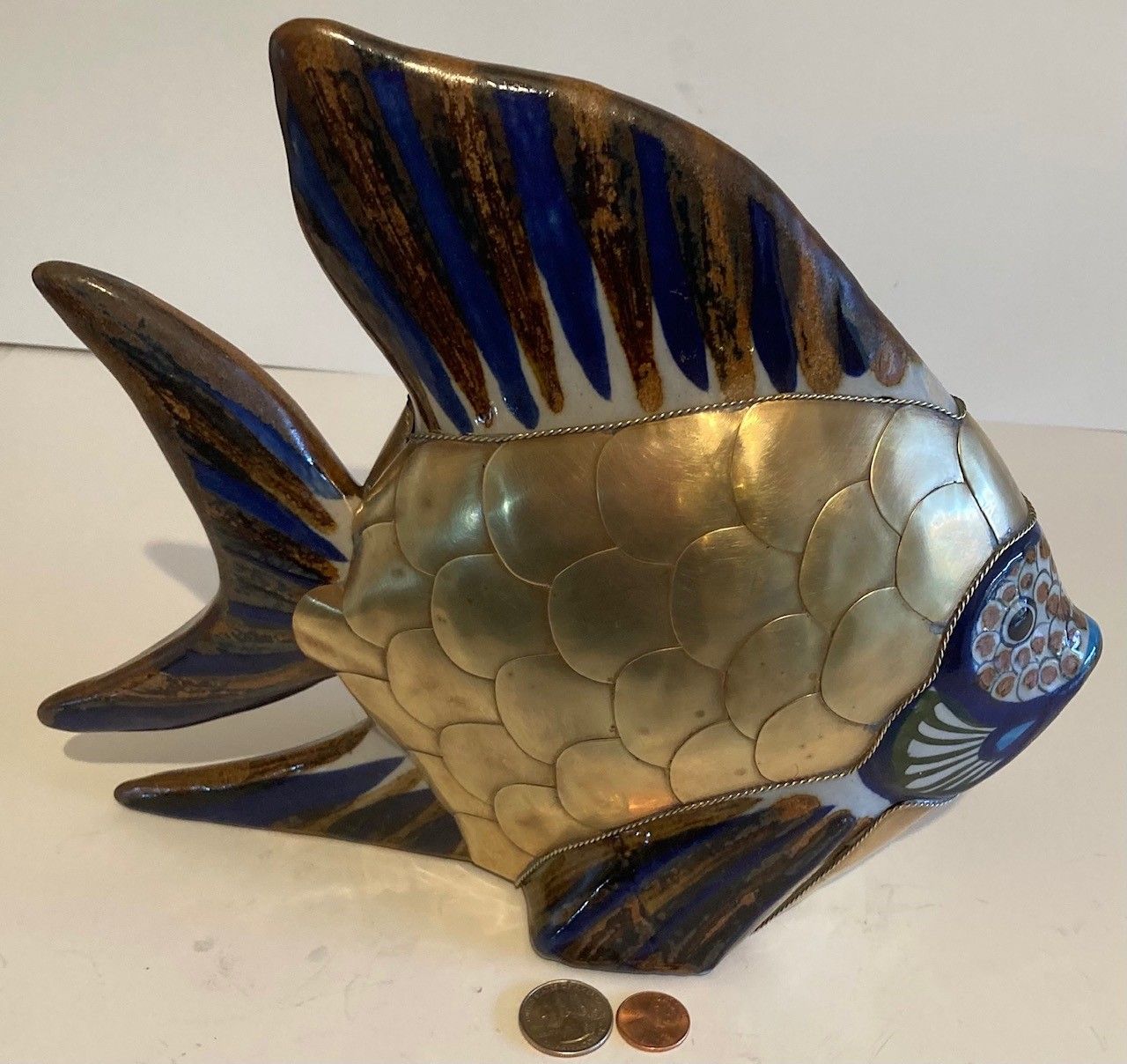 Vintage Bras and Porcelain Fish, Angel Fish, Large Size, Heavy Duty, 11" x 9 1/2" Quality, Home Decor, Table Display, Shelf Display, Really Nice