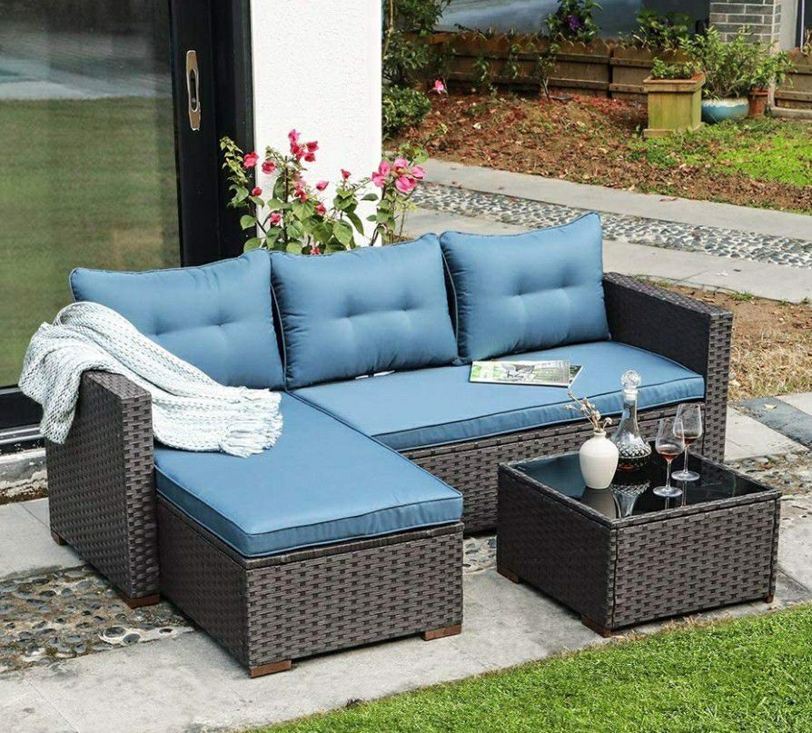 Conversation Set, PE Wicker/ Rattan Outdoor Furniture Set, 2 Ways Sectional Sofa Lounge& Love Seat w/ Cushions (Grey, Blue & Tan)