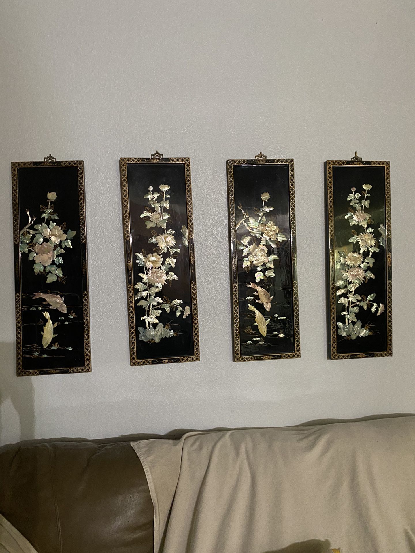 Oriental Black lacquer Coral Pictures Set Of 4