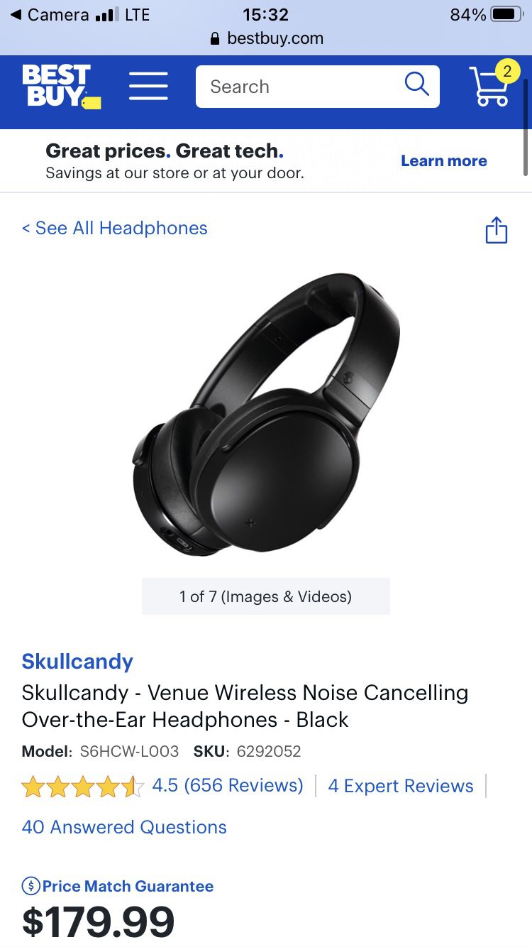 Skullcandy - Venue Wireless Noise Cancelling Over-the-Ear Headphones - Black