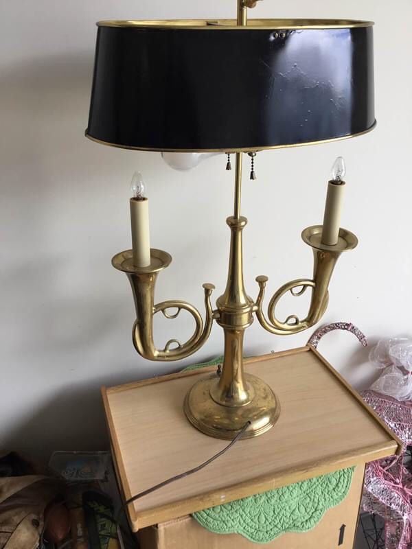 Bugle Lamp & Pair Of Brass Bugle Candlesticks Stately Traditional Decor Vintage