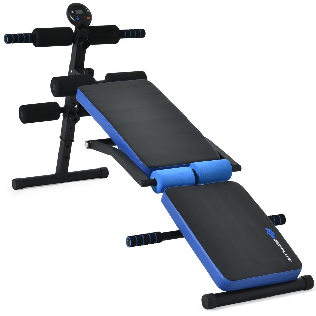 Goplus Multi-Functional Foldable Weight Bench Adjustable Sit-up Board w/ Monitor Red\Blue
