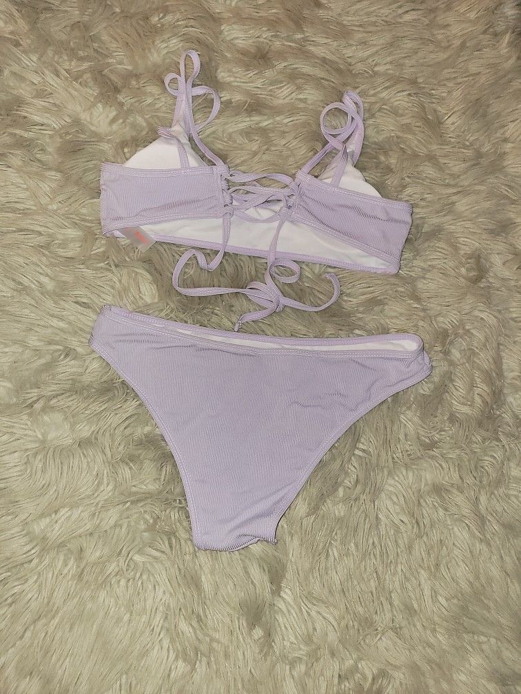 Romwe Lilac Ribbed Bikini, Top And Bottom