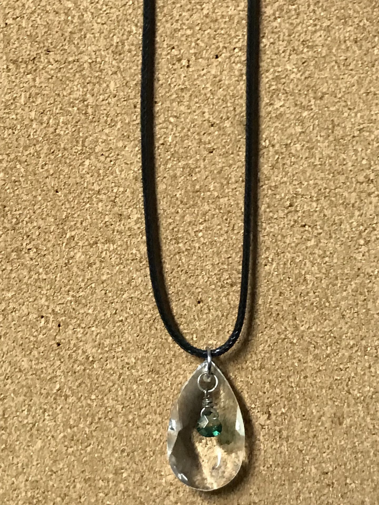 Handmade necklace with crystal on teardrop glass from chandelier