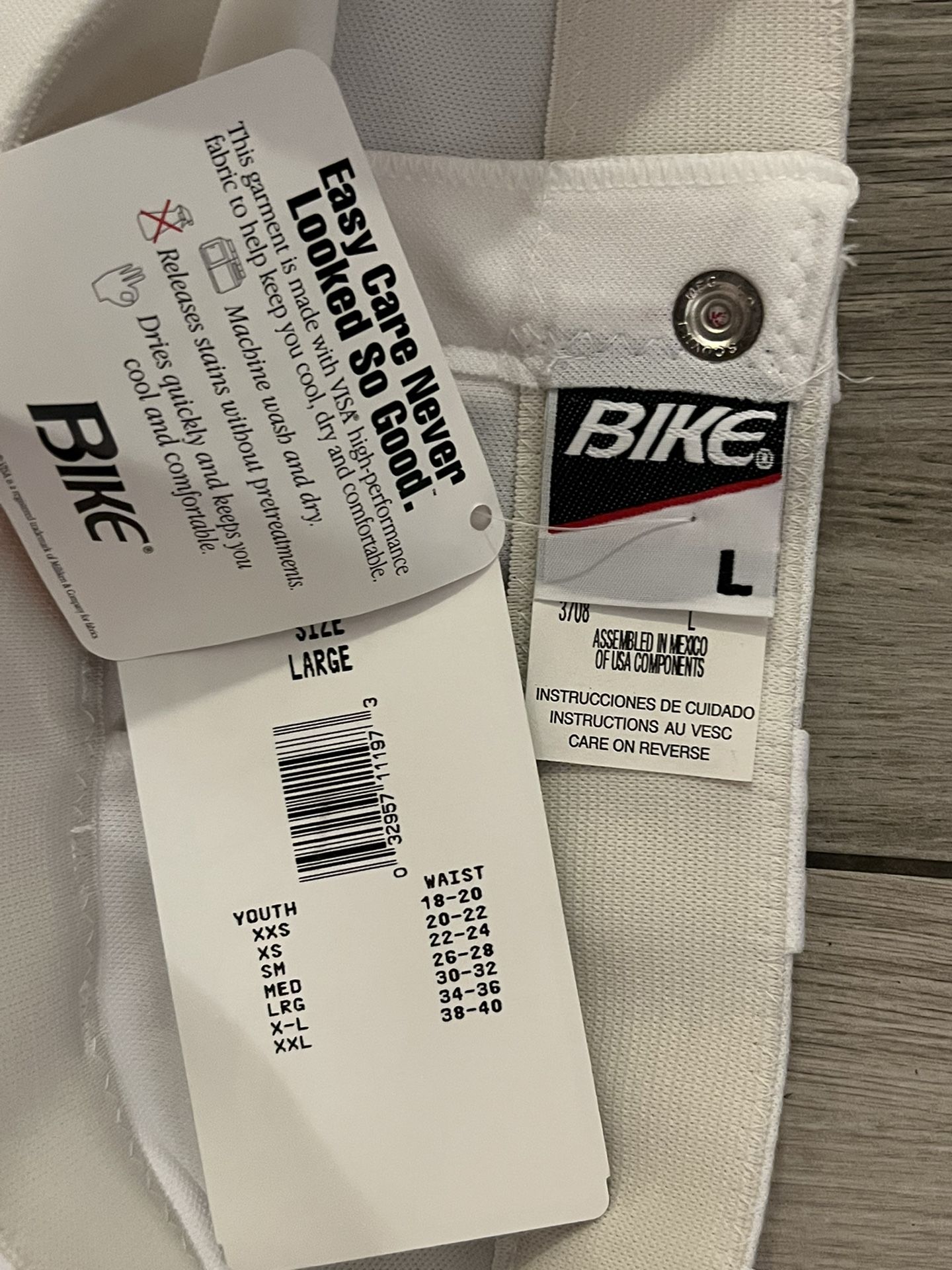 Bike Athletic Style 3708 White Youth Baseball Pants w/Belt Loops Size Large NEW