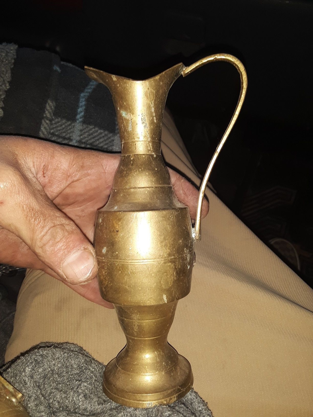 Old vintage indian brass 5 inch genie lamps and candle holder and pot