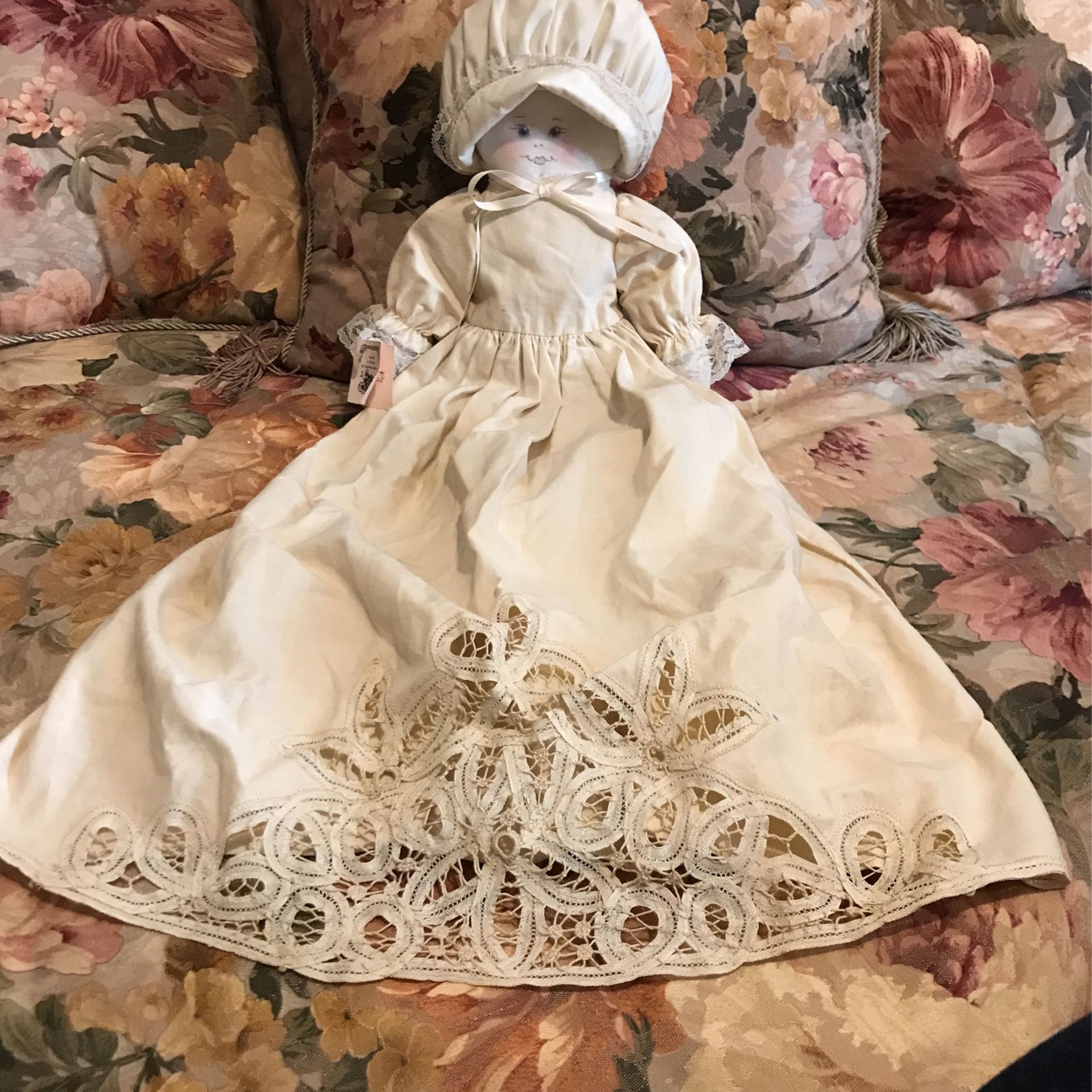 Adorably Cute!!! Soft Cotton Doll With pretty Cotton Lace Dress & Bonnet !!!