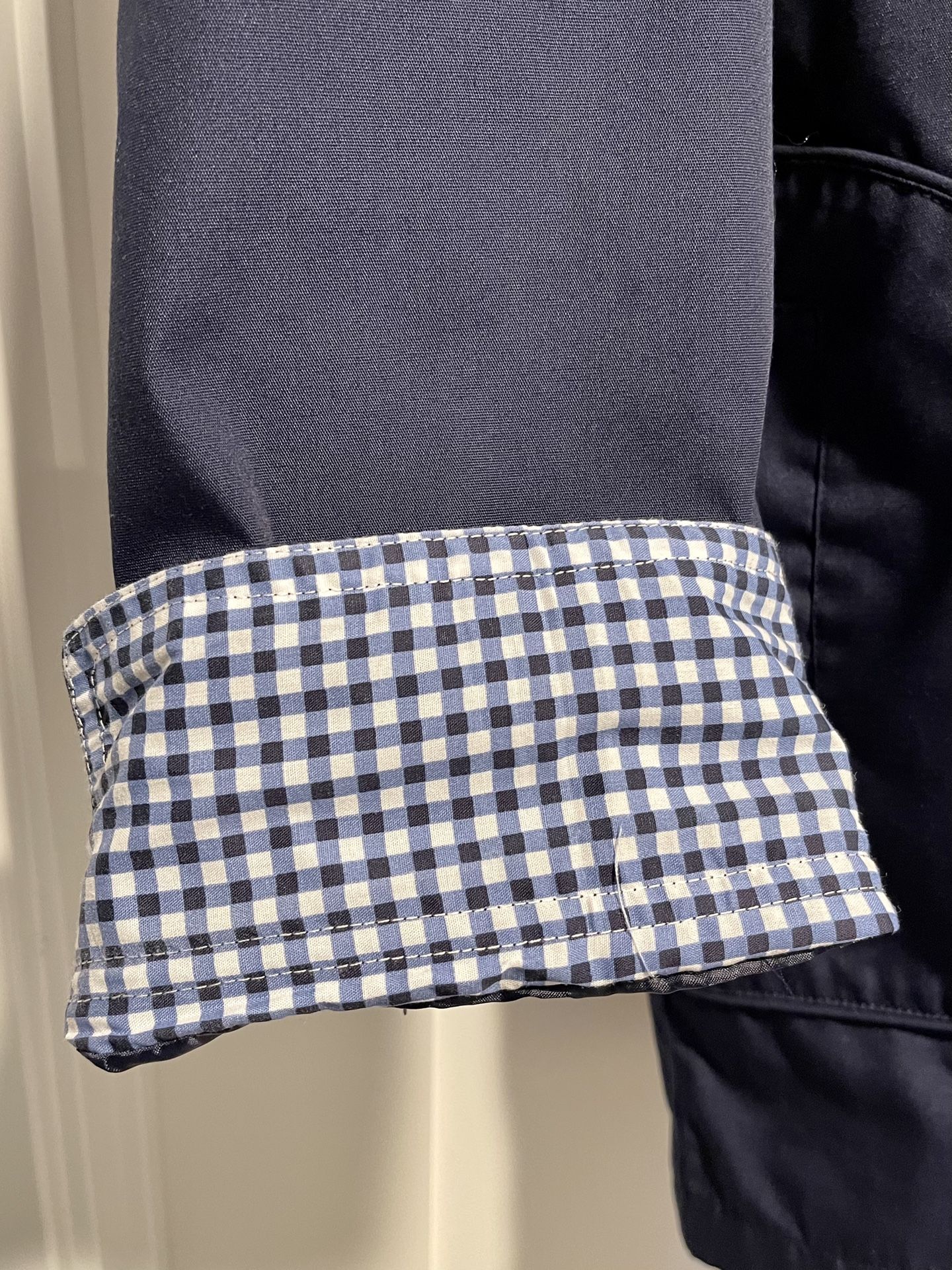 BLAIR Mens XXL Navy Blue Raincoat Jacket Hood Pockets Lining Zip Up Blue Check Cuffs