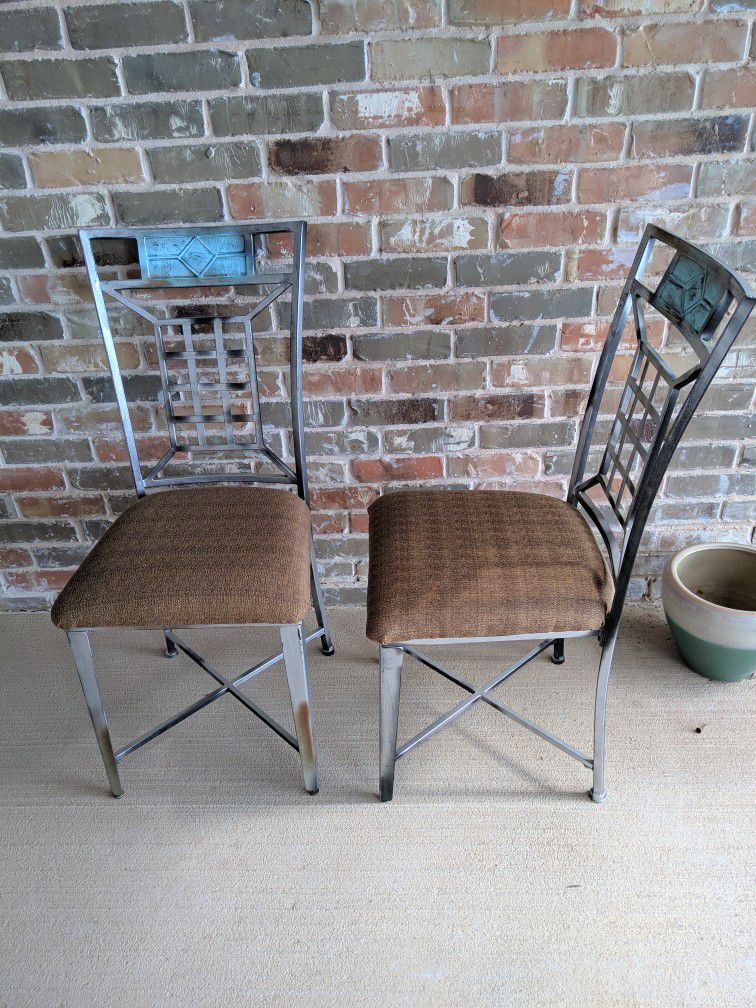 Two Metal Chairs With Fabric Seats