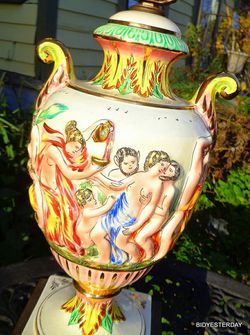 Italian orgy mythological bachanalia capodimonte mid century electric table lamp nude art Thumbnail