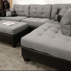 Brand New Grey Linen Sectional Sofa Couch + Ottoman  Thumbnail