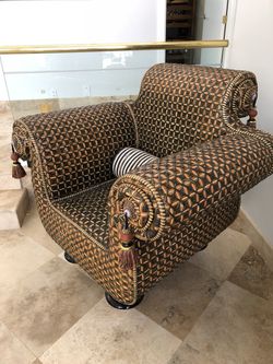 Mackenzie Childs vintage "Empire" Rattan chair- Argentina feet and tassels Thumbnail
