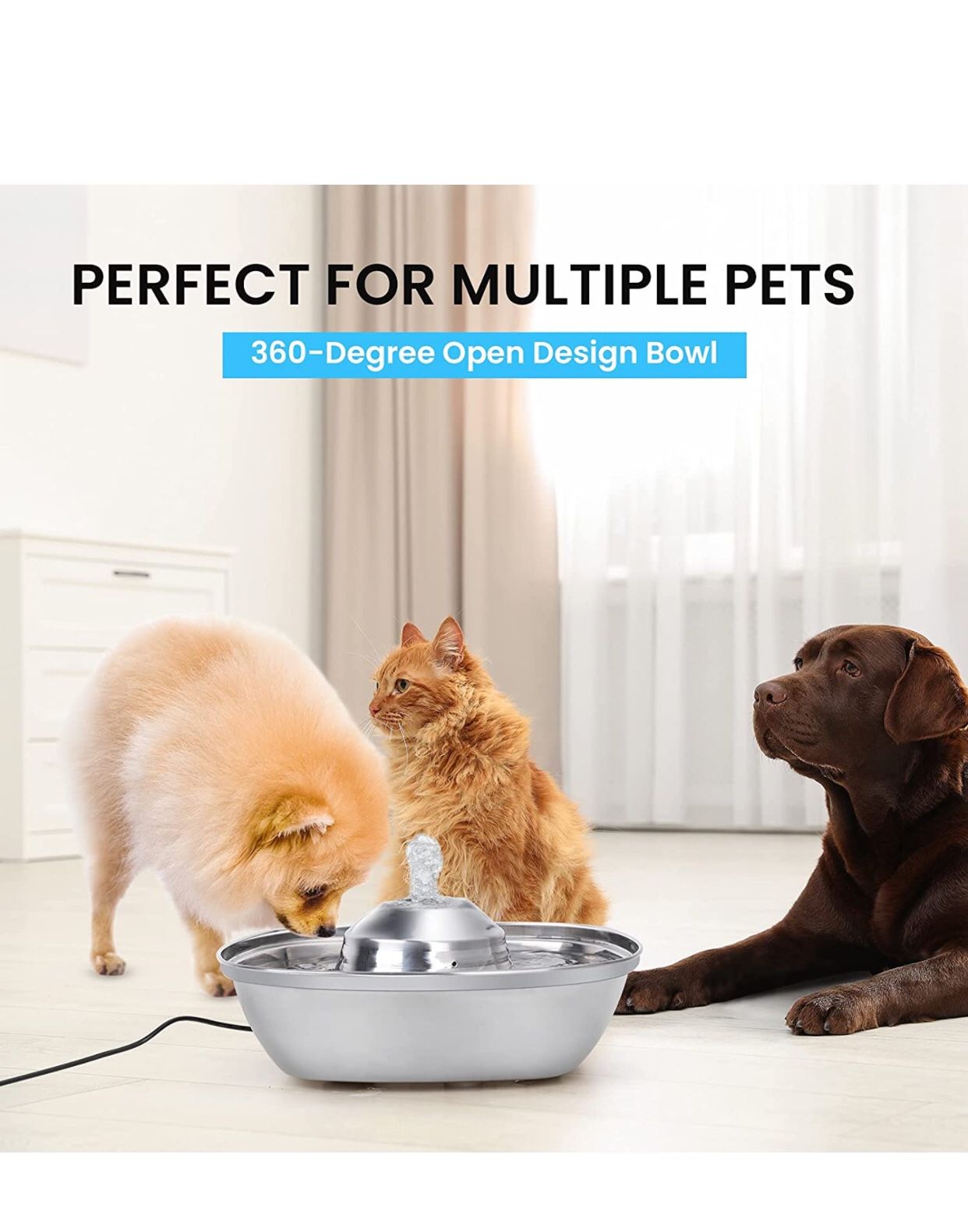 Cat Water Fountain Stainless Steel, 88oz/2.6L Ultra Quiet Pet Fountain, Dishwasher Safe Dog Water Dispenser for Small and Medium Large Cat and Dog, wi