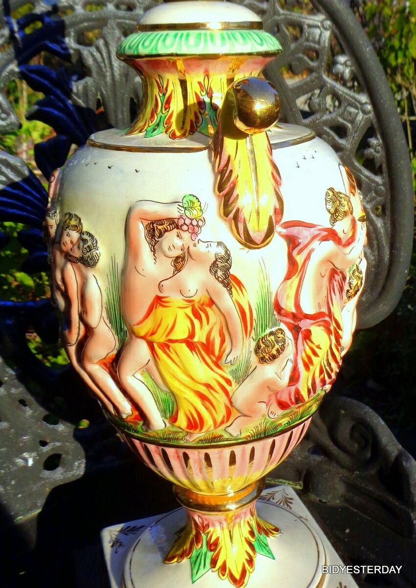 Italian orgy mythological bachanalia capodimonte mid century electric table lamp nude art
