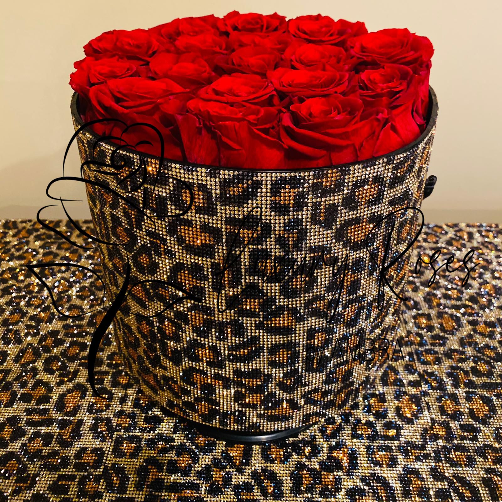 Red preserved roses Rhinestones Animal Print Leopard Eternal Box Roses Real Preserved Flowers Lasting Bouquet Bucket Anniversary Gift
